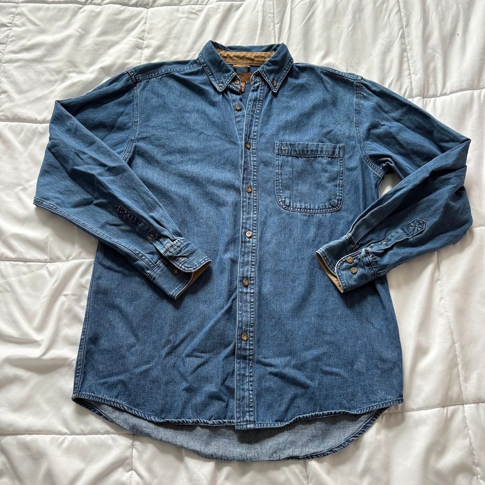 Vintage 90s Medium Denim Button Down Shirt Blue 100% Cotton Fisherman Coastal
